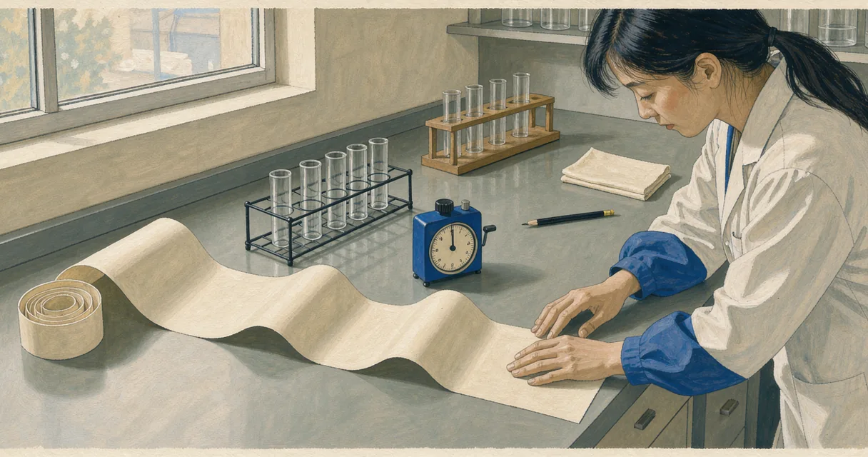 Illustration of a technician at an assay bench with a timer, empty sample tubes and curling blank paper
