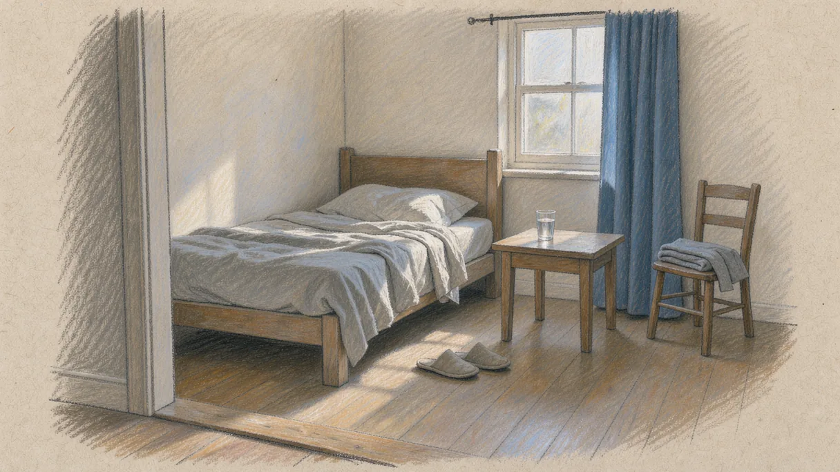 Morning light across an unmade bed, with an open curtain and a glass of water nearby