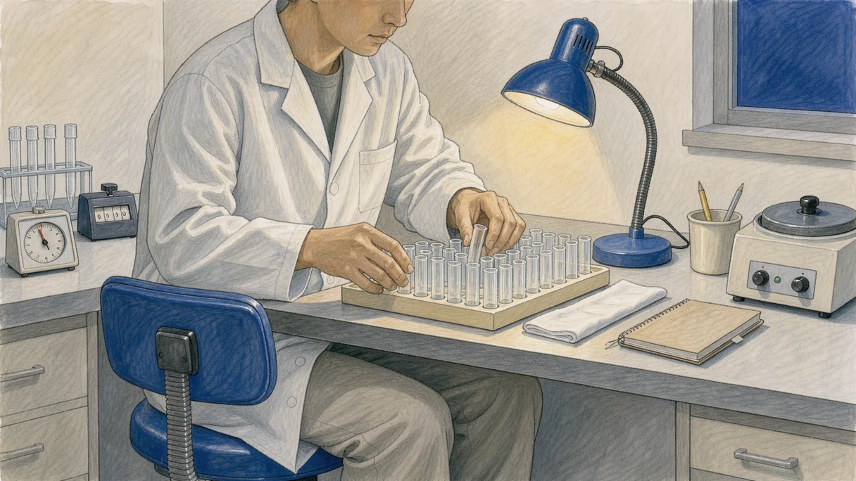 A technician sorting glass sample tubes under a desk lamp in a quiet laboratory at night