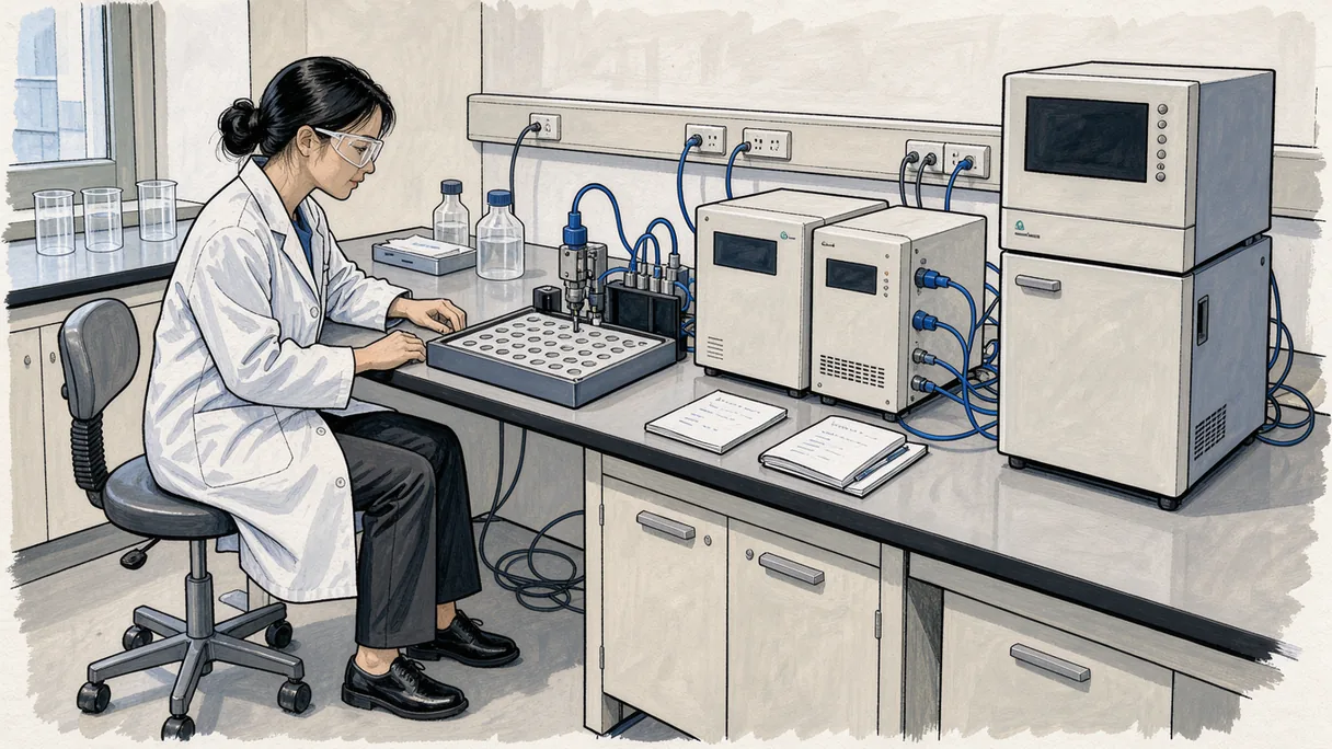 A laboratory technician working beside a mass spectrometer and a sample tray